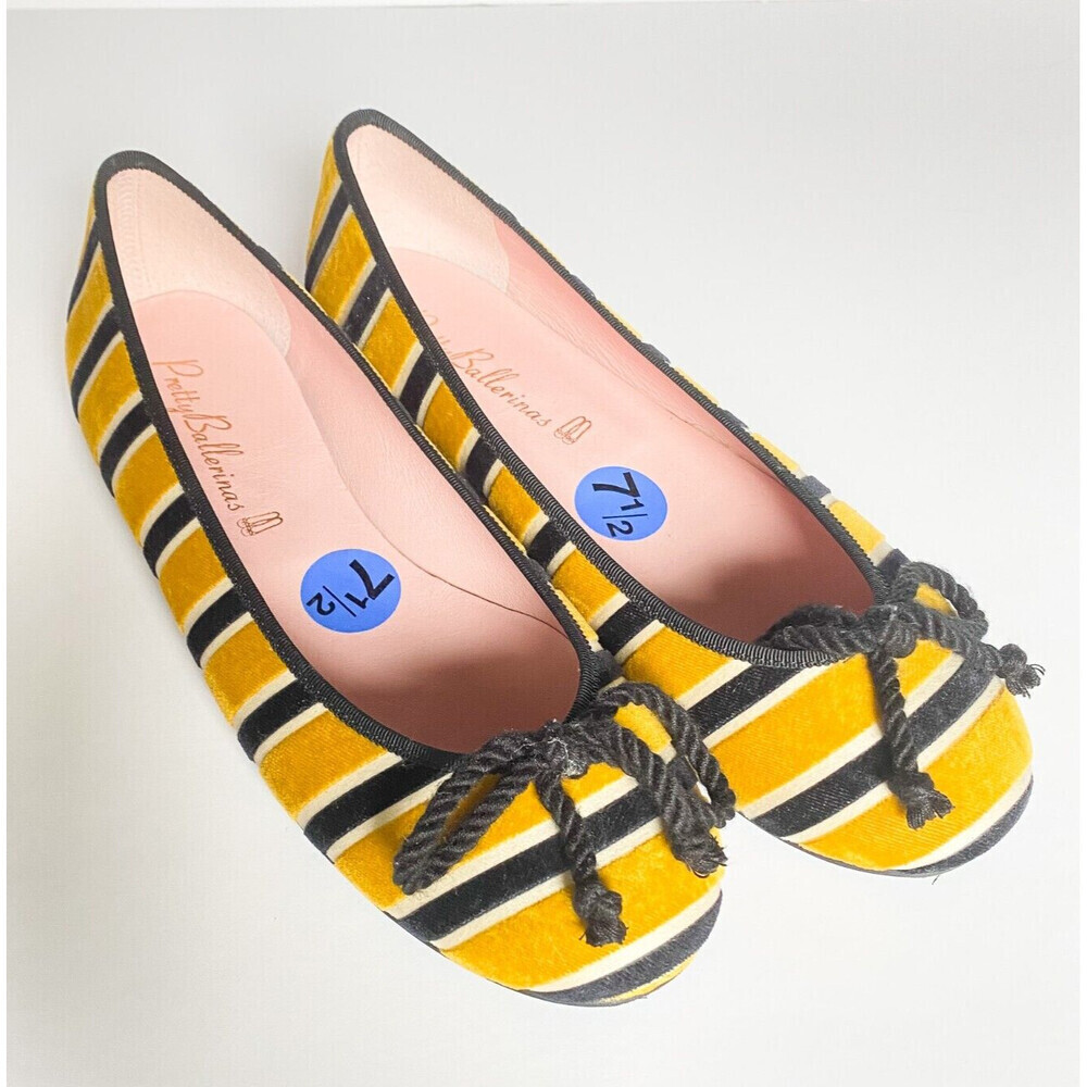 NEW Pretty Ballerinas Striped Yellow Black Round toe Velvet Ballet Flats 37.5